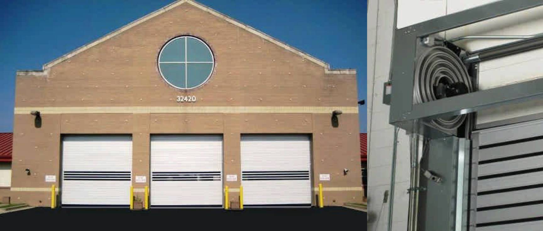 three Rytec Spiral Doors in Fort Gordon Fire Department Building and close up of door design