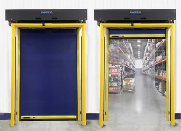 two blue doors inside a cold storage facility