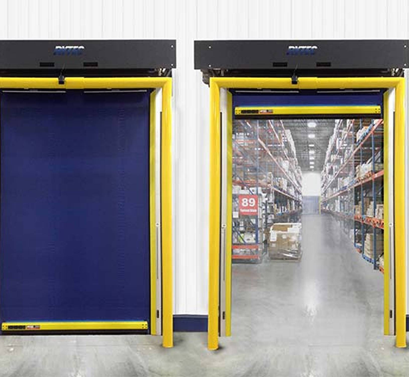 two doors in cold storage facility with one open
