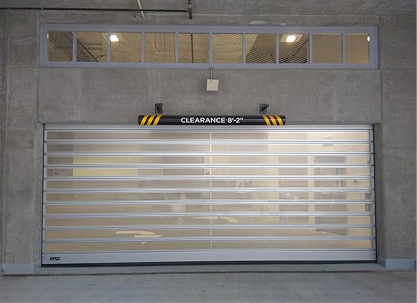 Spiral VT door with a clearance sign above