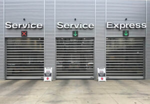 Dealership see-through service bay doors ready for winter