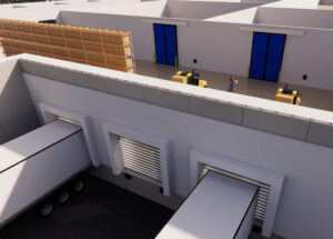 warehouse 3d rendering showing slatted dock doors and turbo slide doors