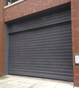 Spiral VT parking garage door on brick building