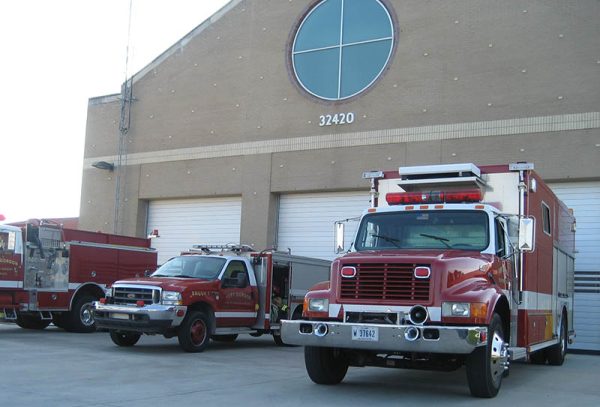 Spiral doors on fire station building